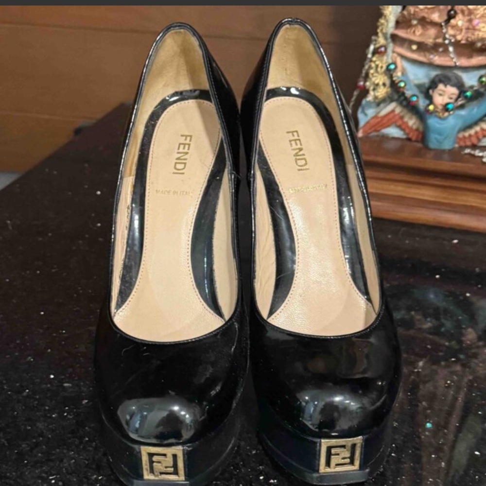 Fendi Black Patent Leather Heels with Gold Accent